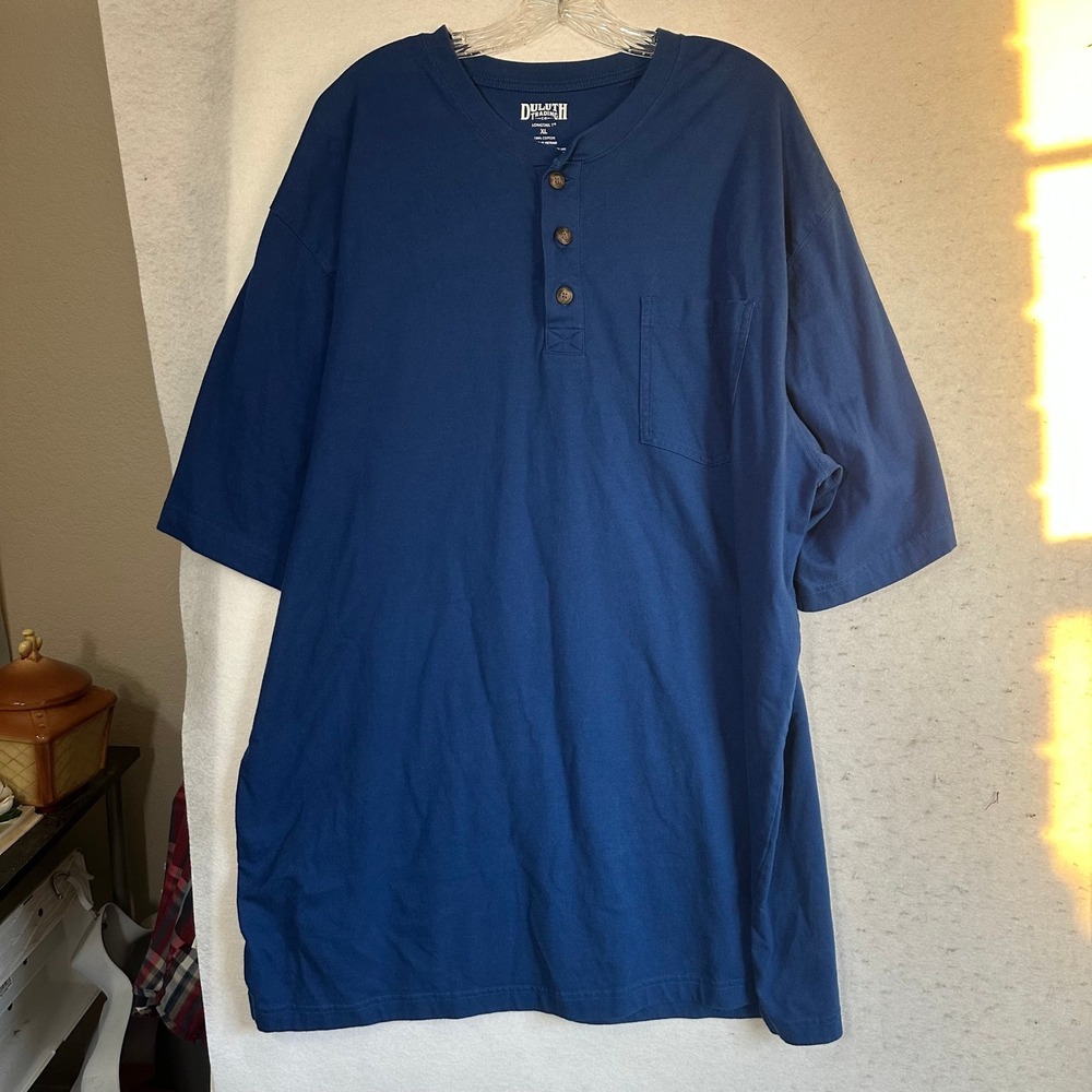 Duluth Trading Co Longtail‎ T Henley Shirt  XL Blue Short Sleeve Pocket Cotton